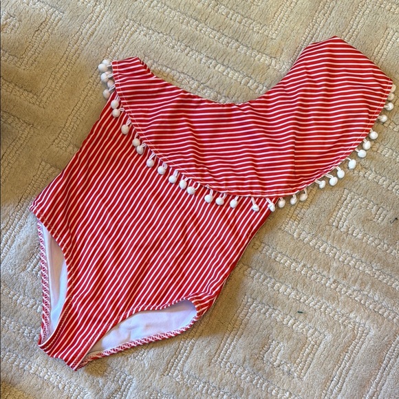 Stella Cove Other - Red and White Striped Swimsuit with Pom Pom Trim